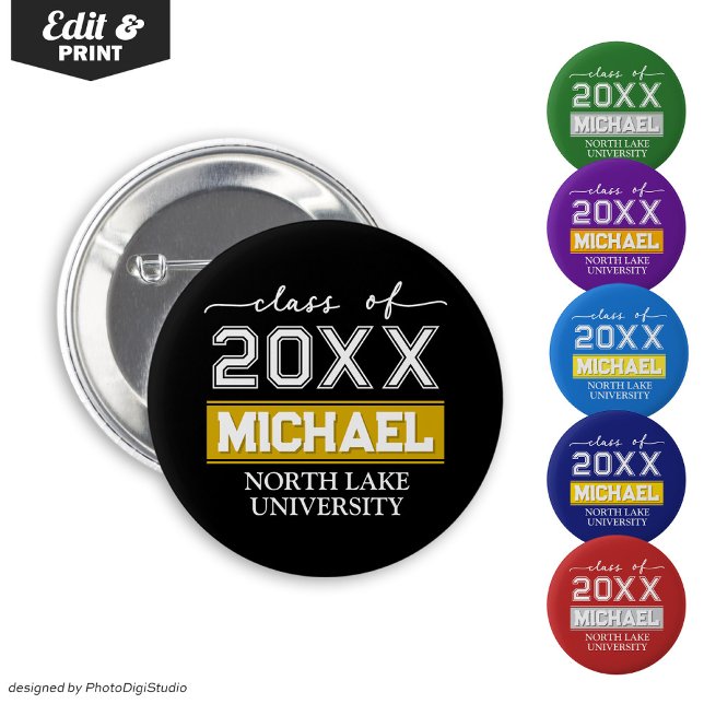 Custom Graduation Button with Name & School (Editable Graduation Button with Name & School, Custom Graduation Button, Black Gold Graduate Pin )