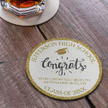 Custom Graduation Congrats Grad Gold Class of 20XX Round Paper Coaster<br><div class="desc">Graduation coaster featuring a graduation cap,  festive Congrats text and your custom text - add your school,  class of year,  and 2 lines of custom text (student name,  date,  degree,  etc.)  all framed by a faux gold glittery background. Perfect for graduation parties and favors.</div>