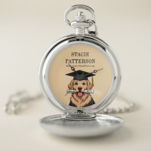 Custom Graduation Cute Golden Retriever Dog Pocket Watch