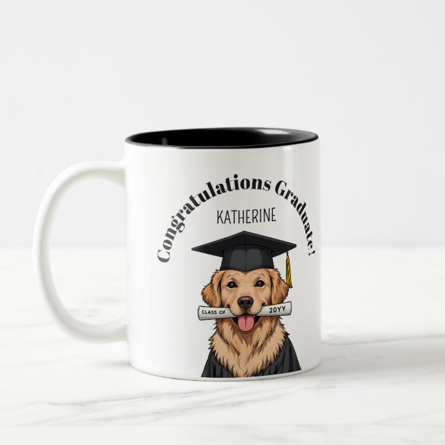 Custom Graduation Cute Golden Retriever Dog Two-Tone Coffee Mug (Left)
