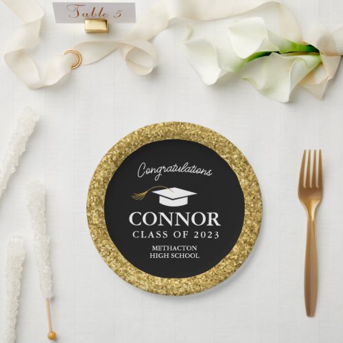 Custom Graduation Gold Glitter Graduation Party  P Paper Plates