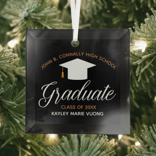 Custom Graduation High School Keepsake Black Gold Glass Ornament