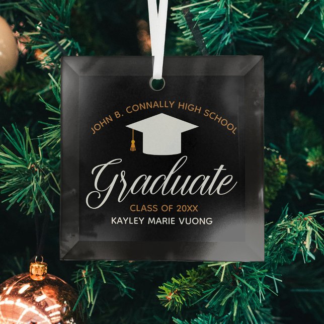 Custom Graduation High School Keepsake Black Gold Glass Ornament (Creator Uploaded)