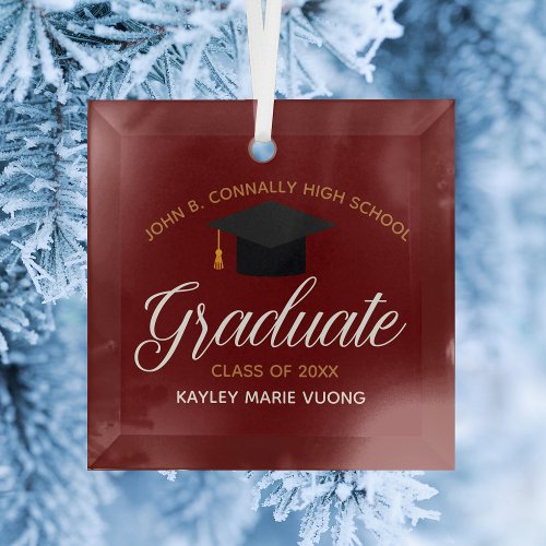 Custom Graduation Maroon Gold Graduate Christmas Glass Ornament