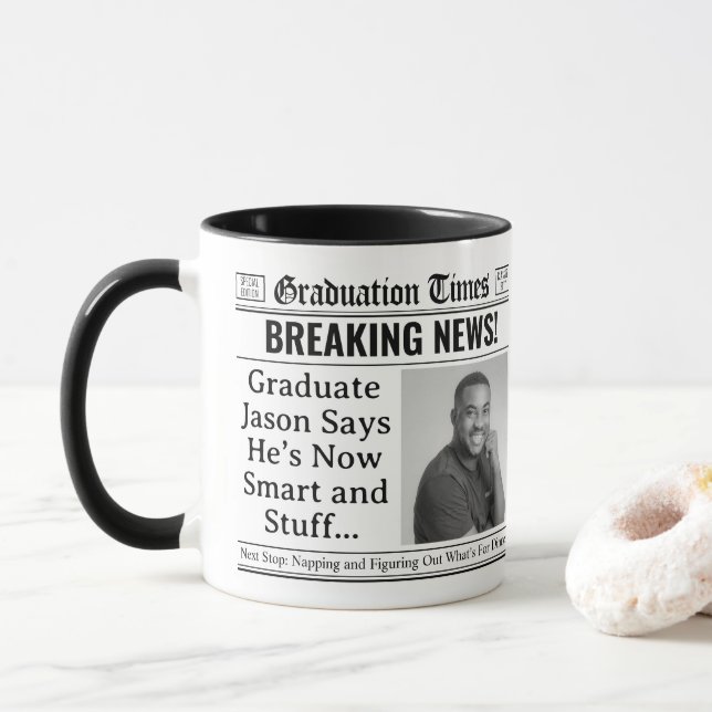 Custom Graduation Mug, Fun Personalized Newspaper Mug (With Donut)