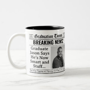 Custom Graduation Mug, Fun Personalized Newspaper Two-Tone Coffee Mug
