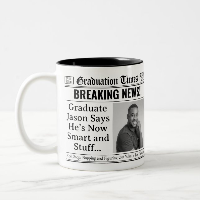 Custom Graduation Mug, Fun Personalized Newspaper Two-Tone Coffee Mug (Left)
