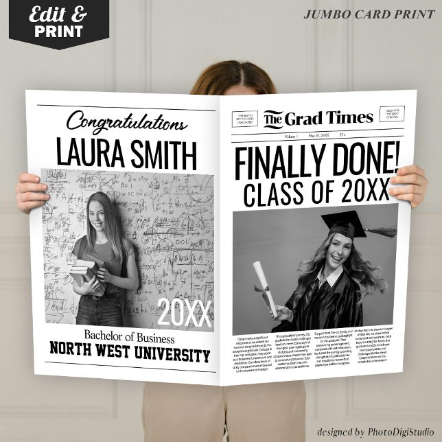 Custom Graduation Newspaper Announcement Card Prop (Editable Graduation Photo Prop, Unique Graduation Announcement, Graduation Newspaper Giant Card)