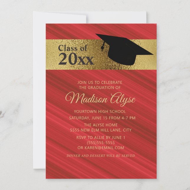 Custom Graduation Party Red Black Gold Cap  Invitation (Front)