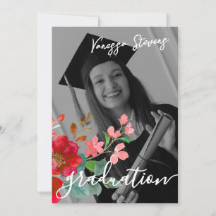 Custom Graduation Party Watercolor Flower Photo Invitation