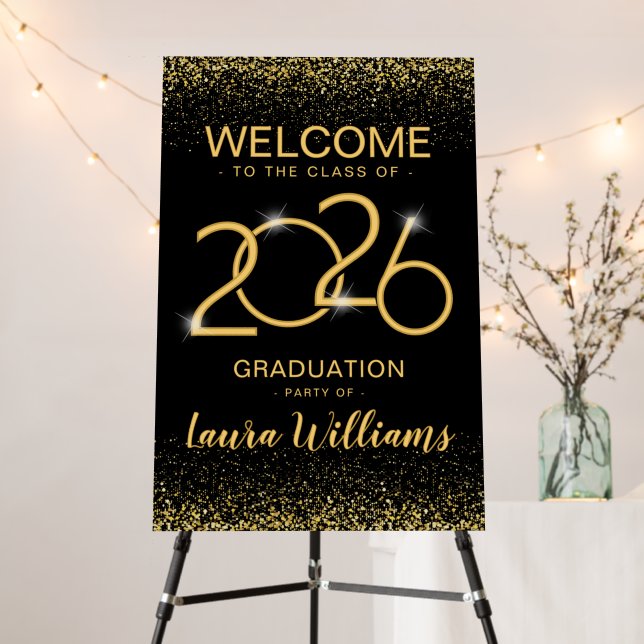 Custom Graduation Party Welcome Sign Black Gold (In Situ (Stand))