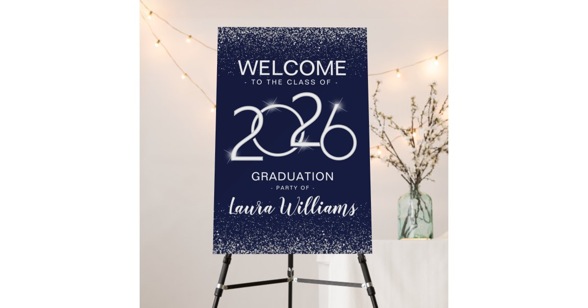 Custom Graduation Party Welcome Sign Blue Silver | Zazzle
