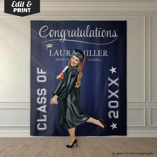 Custom Graduation Photo Banner, Blue Silver Prop Tapestry