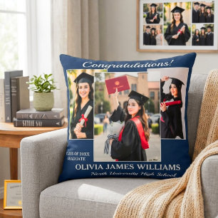 Custom Graduation Photo Collage Navy Blue Throw Pillow