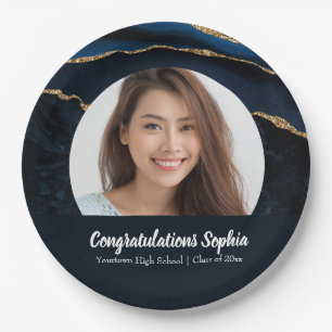 Custom Graduation Photo Marble Agate Blue Paper Plates