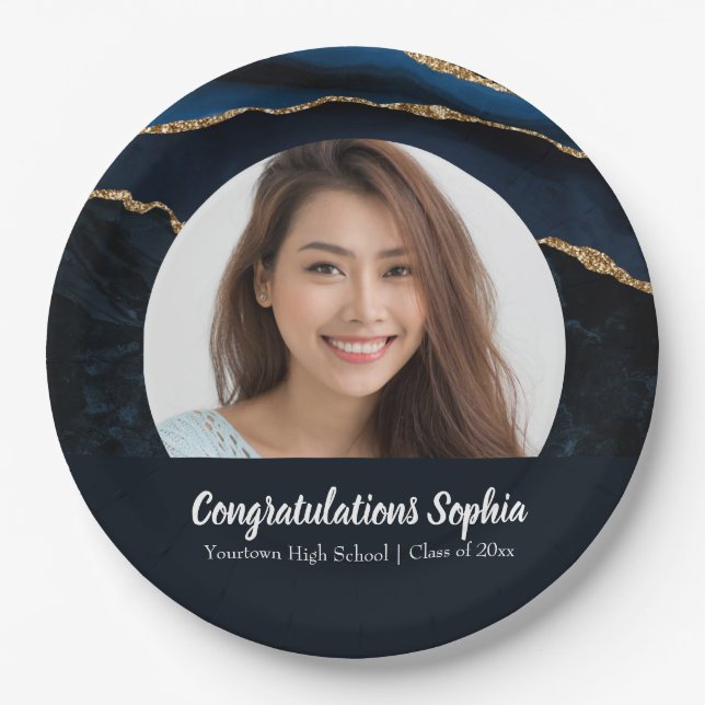 Custom Graduation Photo Marble Agate Blue Paper Plates (Front)