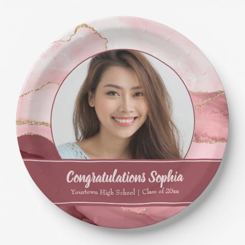 Custom Graduation Photo Marble Agate Pink Paper Plates