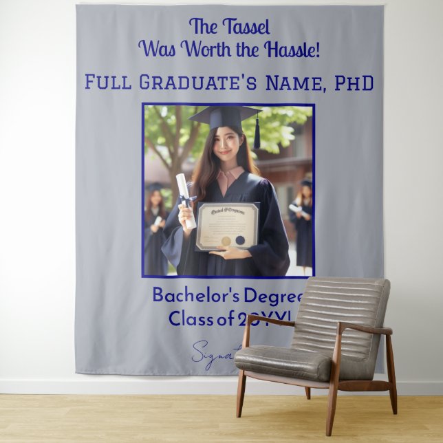 Custom Graduation Photo Navy Blue Backdrop Banner (In Situ)