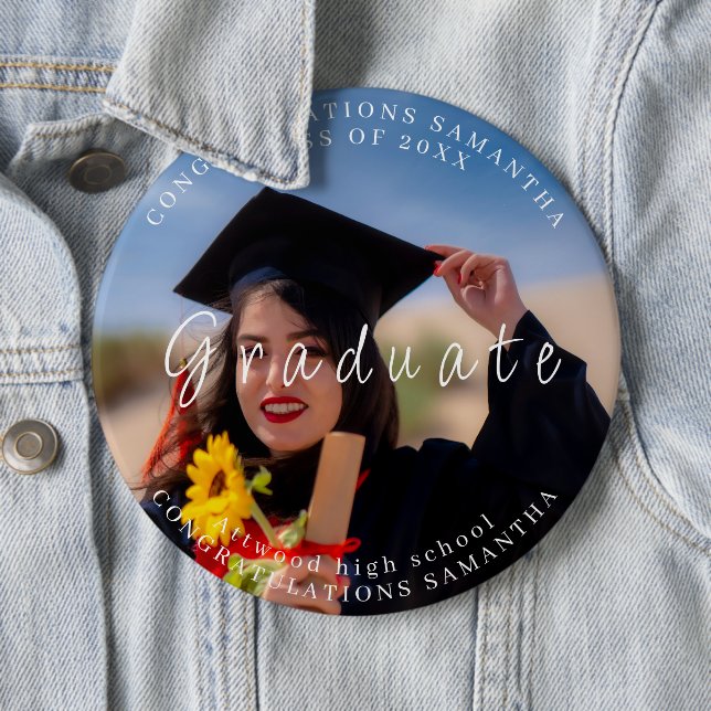 Custom Graduation Photo Text Round Button (In Situ)