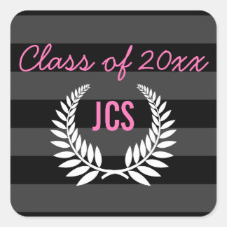 Custom Graduation Postage, Black and Pink Monogram Square Sticker