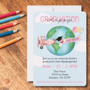 Custom Graduation,QR Code,Photo,Kid Pink Airplane  Invitation