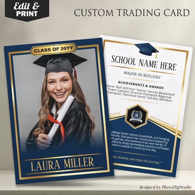 Custom Graduation Trading Card, Navy Gold Graduate Calling Card (Editable Graduate Trading Card, Elegant Blue Gold Card, Custom Trading Card for Graduation)
