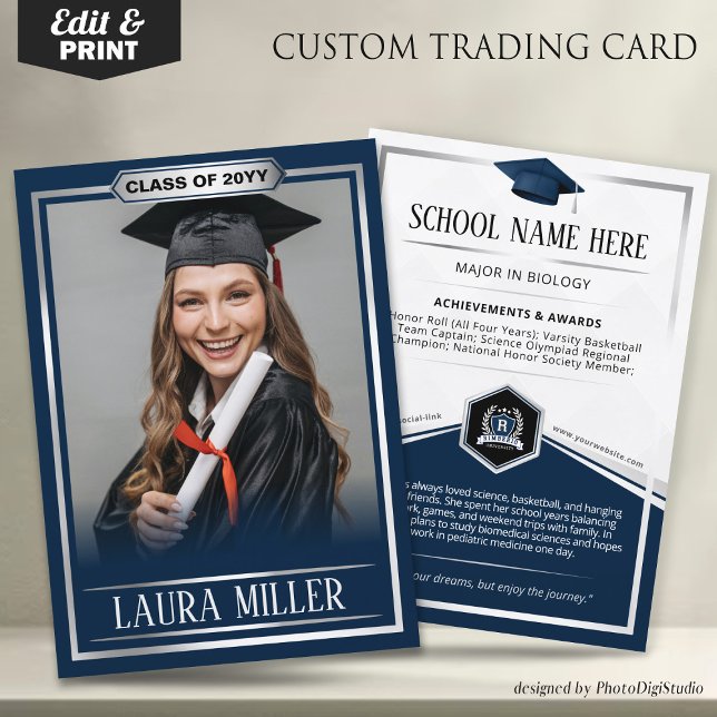 Custom Graduation Trading Card, Navy Silver Grad Calling Card (Editable Graduate Trading Card, Elegant Blue Silver Card, Custom Trading Card for Graduation)