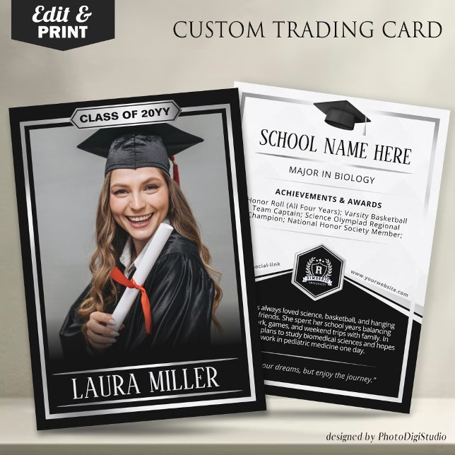 Custom Graduation Trading Card, Silver 2026 Grad Calling Card (Editable Graduate Trading Card, Elegant Black Silver Card, Custom Trading Card for Graduation)