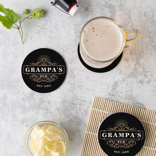 Custom Grampas Pub Home Bar Year Established Round Paper Coaster