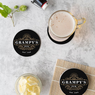 Custom Grampy's Pub Home Bar Year Established Round Paper Coaster