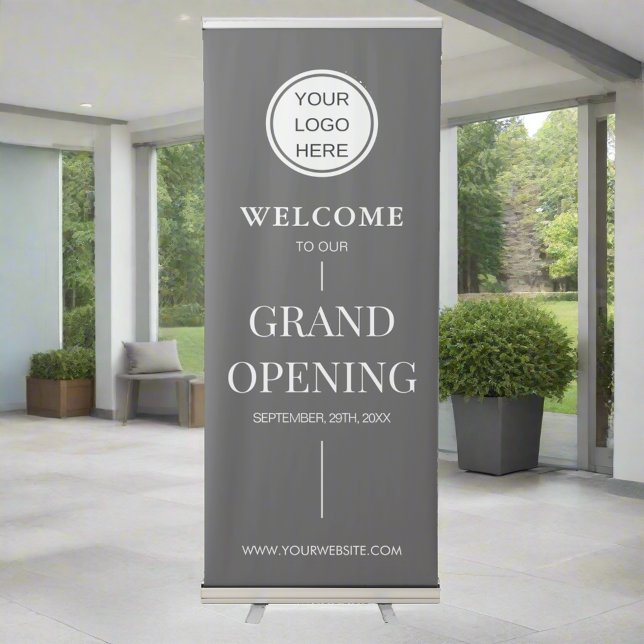 Custom Grand Opening Text Business Logo Gray Retractable Banner (Creator Uploaded)