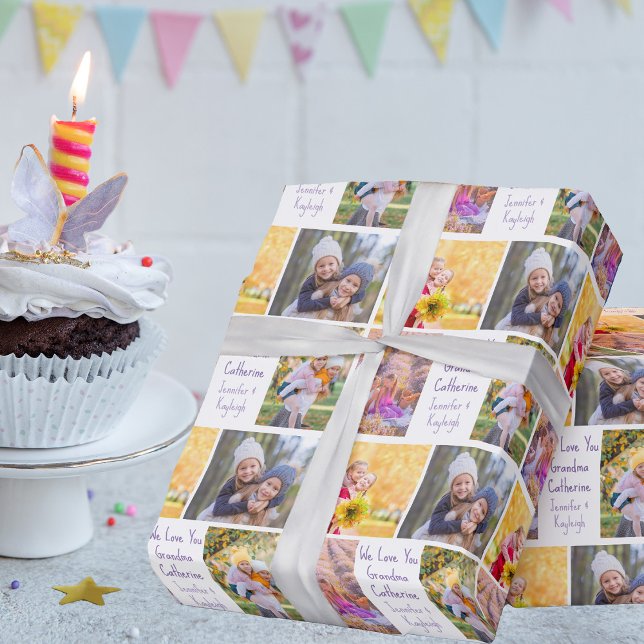 Custom Grandma Birthday Grandkids Photo Collage Wrapping Paper (Creator Uploaded)