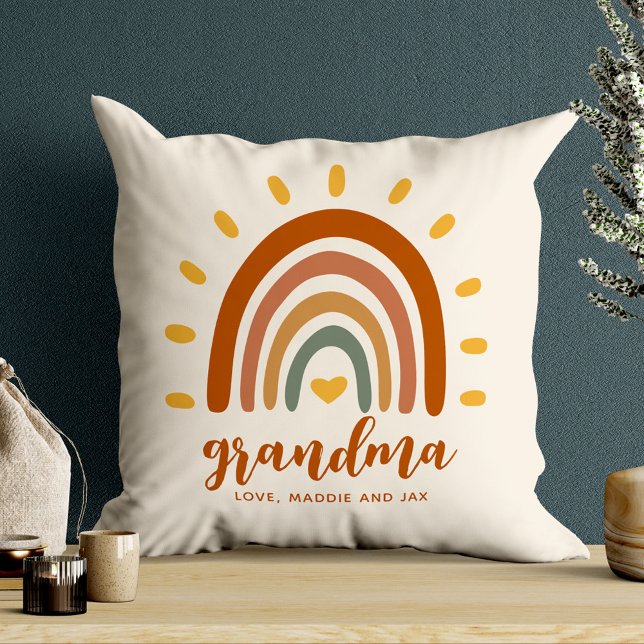 Custom Grandma Boho Earth Tone Rainbow Sun Throw Pillow (Creator Uploaded)