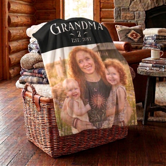 Custom Grandma Est Modern Black White Script Photo Fleece Blanket (Creator Uploaded)