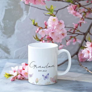 Custom Grandma Est. Year - Flower and Butterfly Coffee Mug