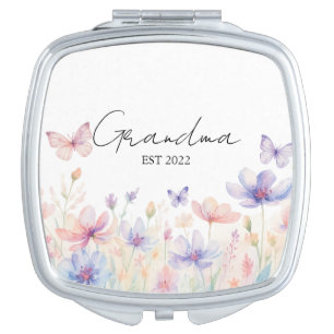 Custom Grandma Est. Year - Flower and Butterfly Compact Mirror