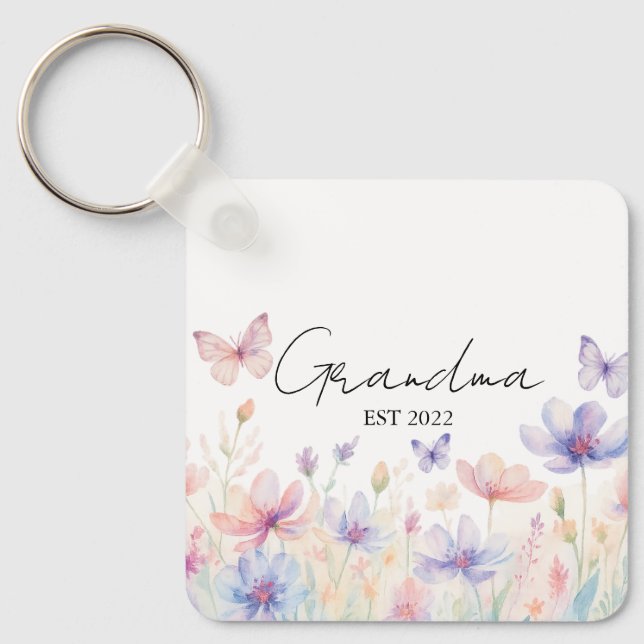 Custom Grandma Est. Year -  Flower and Butterfly  Keychain (Front)