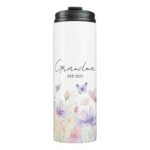 Custom Grandma Est. Year - Flower and Butterfly Thermal Tumbler
