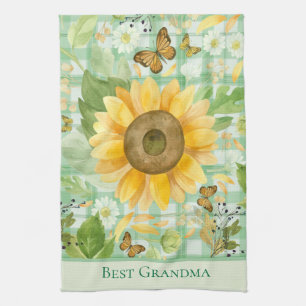 Custom Grandma Green Gingham Sunflower Butterfly Kitchen Towel