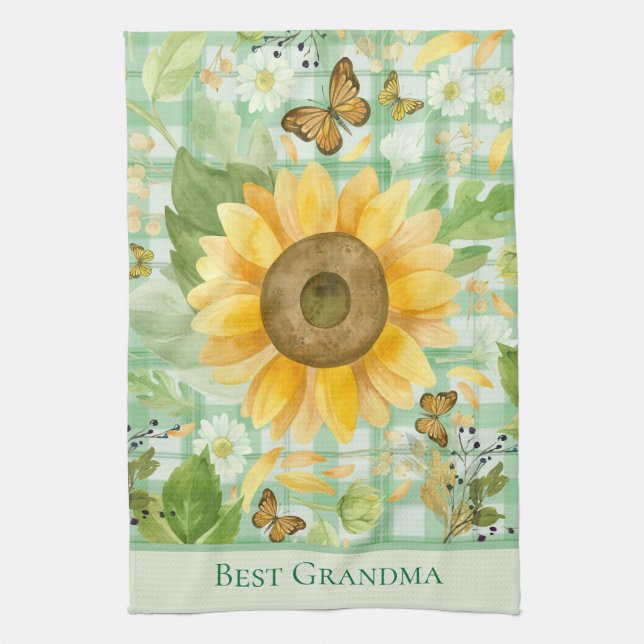 Custom Grandma Green Gingham Sunflower Butterfly Kitchen Towel (Vertical)