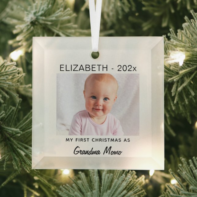 Custom, Grandma/pa 1st Christmas Baby Photo Glass Ornament (Insitu)