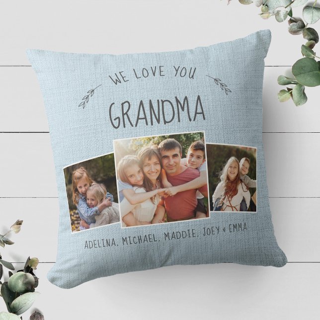Custom Grandma Photo Collage Rustic Modern Blue Throw Pillow (Creator Uploaded)