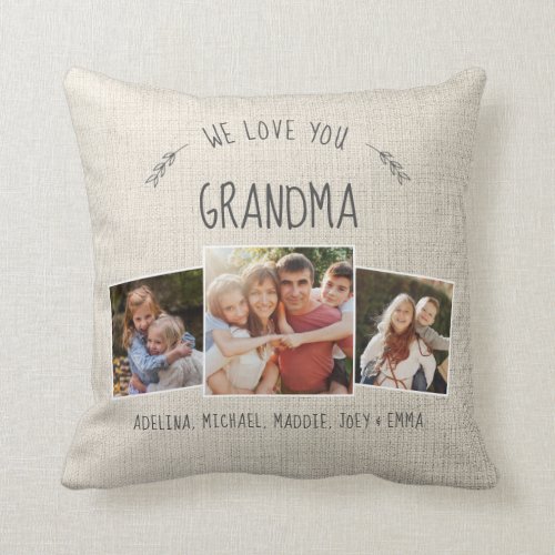 Custom Grandma Photo Collage Rustic Modern Cream Throw Pillow