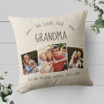 Custom Grandma Photo Collage Rustic Modern Cream Throw Pillow<br><div class="desc">This beautiful family photo collage throw pillow is a wonderful gift for your grandmother. The rustic farmhouse (printed) linen background with its whimsical handwritten dark grey typography - here reading WE LOVE YOU GRANDMA - is modern, chic as well as plain fun. Customize with your own favorite photos, names, and...</div>