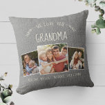 Custom Grandma Photo Collage Rustic Modern Grey Throw Pillow<br><div class="desc">Farmhouse style cute,  this grey WE LOVE YOU GRANDMA pillow shines with the sweet whimsical typography design as well as your favorite family photos. Personalize with your own message and names. Insta friendly picture format! This is the grey (printed) burlap linen version.</div>