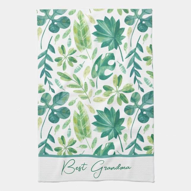 Custom Grandma Tropical Monstera Leaf Green Teal Kitchen Towel (Vertical)