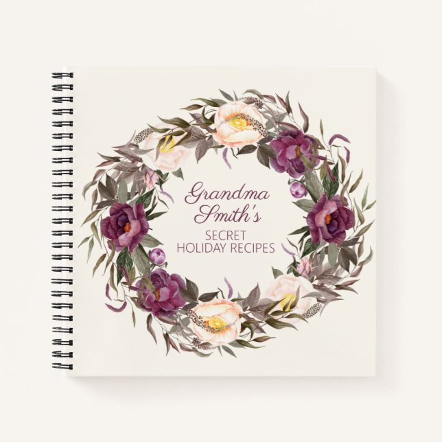 Custom Grandma's Recipes Purple Cream Floral Notebook (Front)