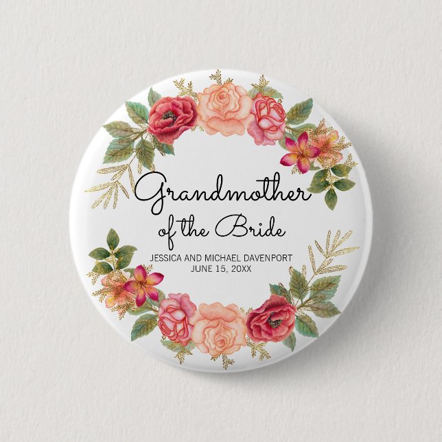 Custom Grandmother of the Bride Pink Red Floral Button (Front)