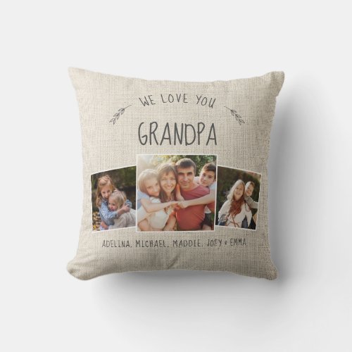 Custom Grandpa Photo Collage Rustic Modern Cream Throw Pillow