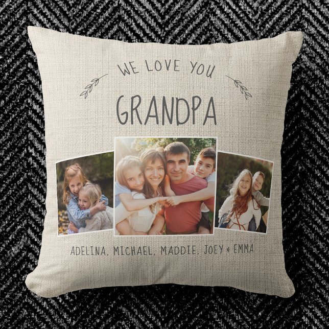 Custom Grandpa Photo Collage Rustic Modern Cream Throw Pillow (Creator Uploaded)